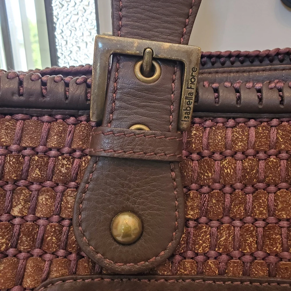 ISABELLA FIORE Leather Woven Large Shoulder Bag Handbag Brown